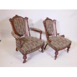 A Victorian walnut gentleman's show frame parlour chair with carved decoration, and a matching