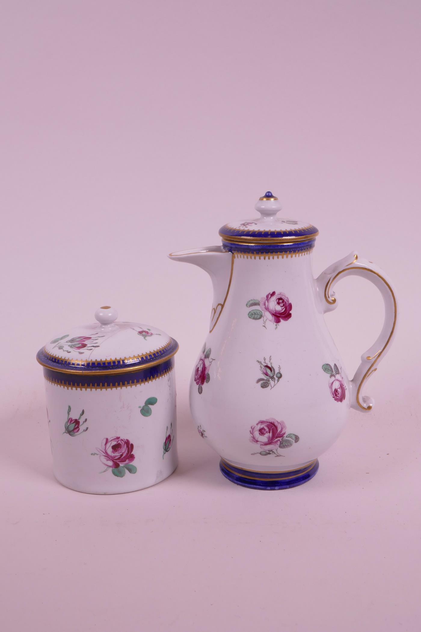 A late C18th hybrid hard paste porcelain chocolate pot and cover, with matching sugar pot and lid,