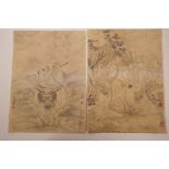 A pair of Chinese pictures of travellers, one riding a water buffalo, 8" x 11"
