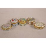 Five Halcyon Days enamelled copper trinket boxes, Christmas and Valentine's Day, A/F, 1" high