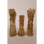 Two Tibetan bone and composition seal vessels decorated with wrathful deities, together with a