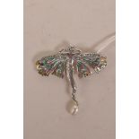 An Art Nouveau style white metal and plique-à-jour brooch in the form of a fairy, 2" wide