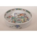 A Chinese famille verte steep sided pottery dish decorated with people playing Go with attendants, 6