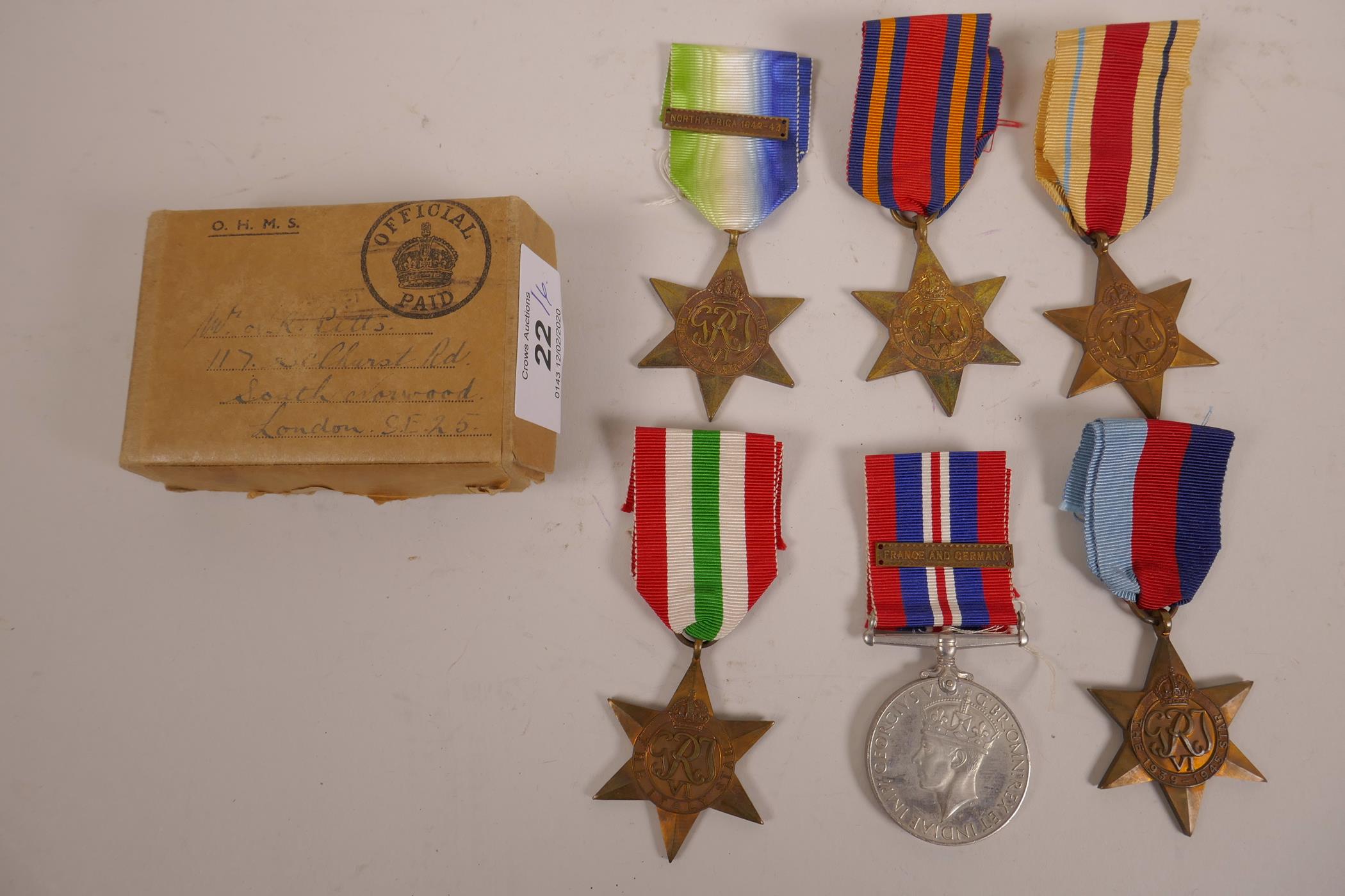 Six WWII 1939-45 war medals; 'The Atlantic Star', 'The Italy Star', 'The Burma Star', 'The Africa