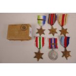 Six WWII 1939-45 war medals; 'The Atlantic Star', 'The Italy Star', 'The Burma Star', 'The Africa