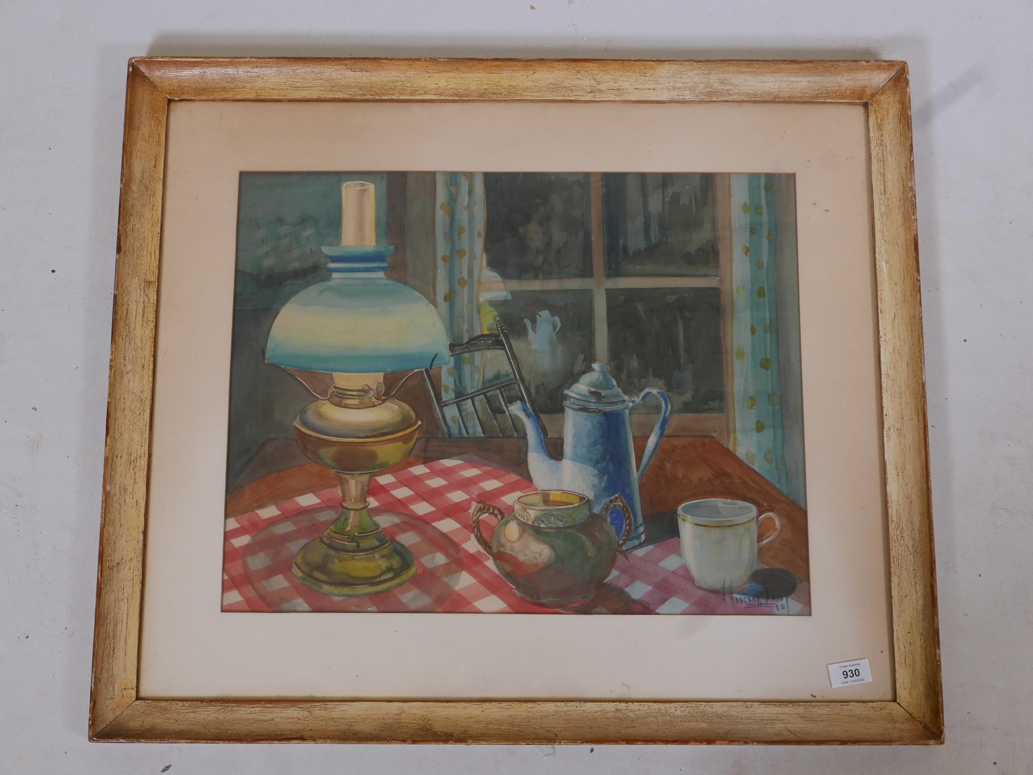 H. Haggard Dasey (American), still life oil lamp by a window, signed and dated (19)50, 17" x 22" - Image 2 of 3