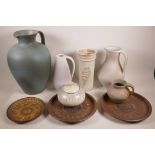 A collection of German 1970s Brockmann studio pottery including jugs, vases, chargers etc, largest