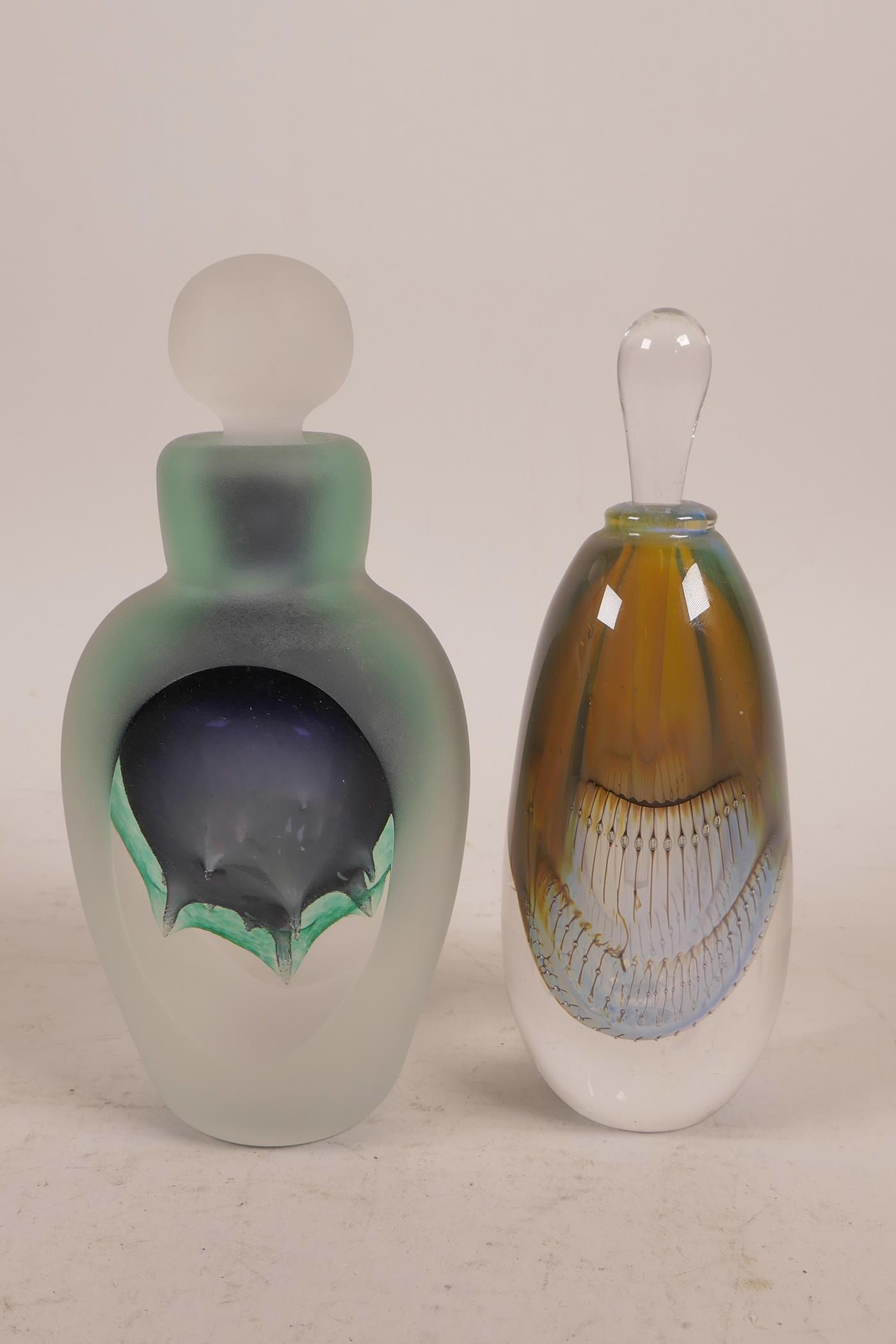 Two art glass perfume bottles with signature to base, largest 5½" high - Image 2 of 4