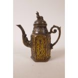 A Chinese bronzed metal hexagonal teapot with raised and gilt auspicious character decoration, 4