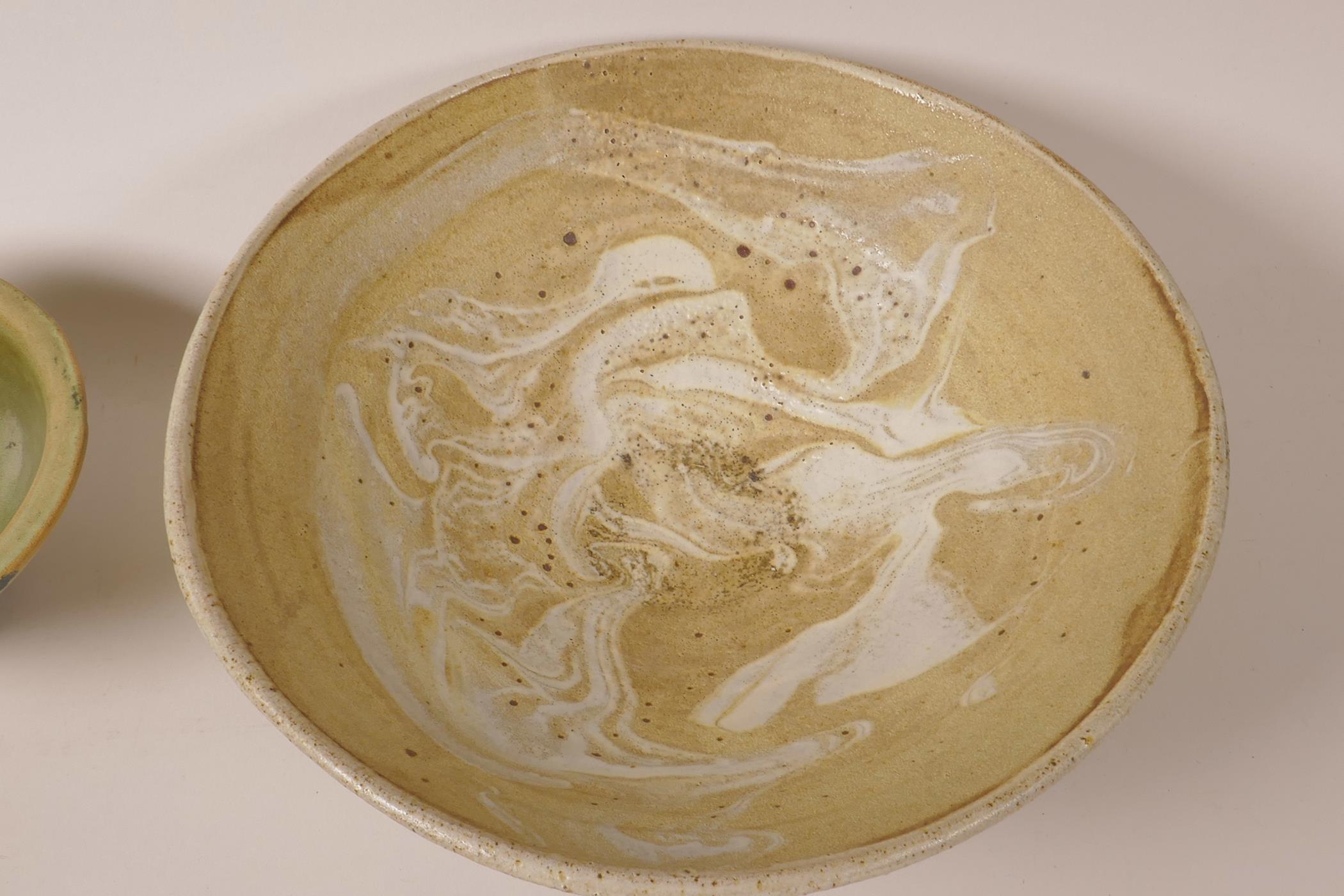 A drip glazed studio pottery bowl, 10½" diameter, signed, together with a smaller ceramic bowl - Image 2 of 5