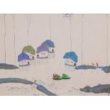 A contemporary Chinese watercolour of fishermen and their stilted huts, signed 'Titi' and stamped