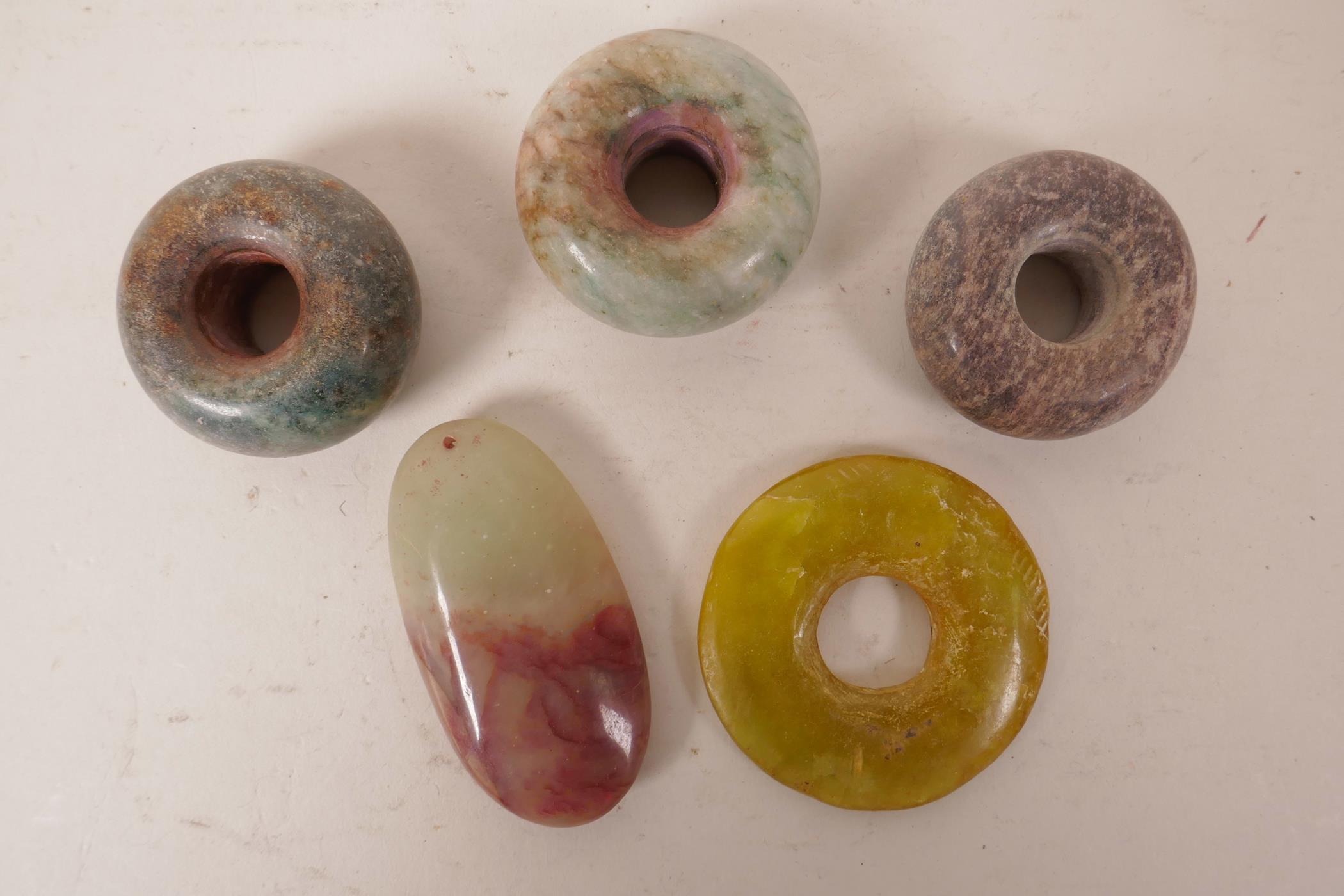 A collection of five Chinese hardstone, jade and soapstone pendants, 2½" diameter largest - Image 2 of 2