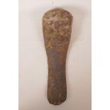 A Chinese Han dynasty bronze censer leg with mask decoration, 16" long