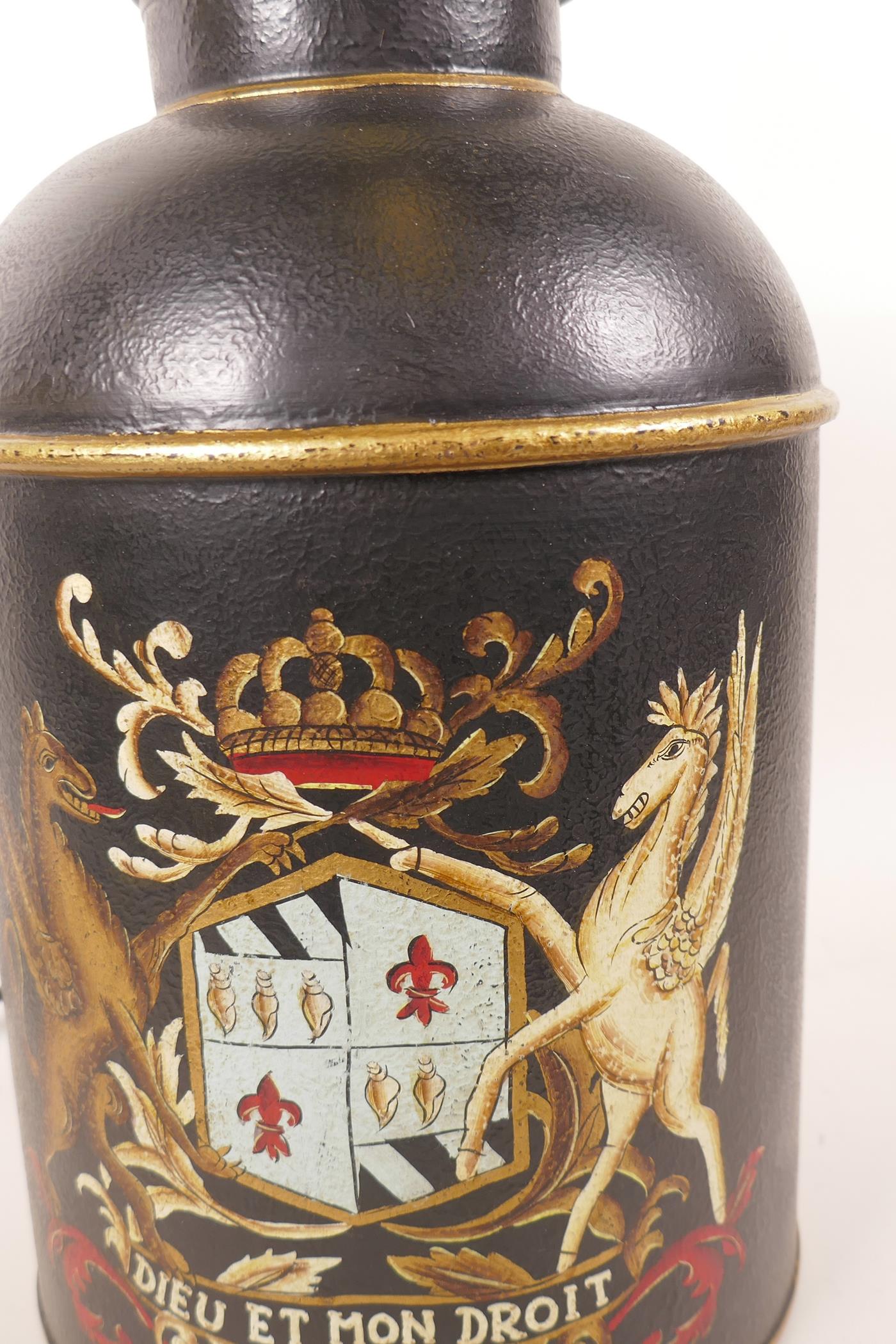 A metal table lamp in the form of a toleware churn and cover painted with a coat of arms, 18" high - Image 2 of 3