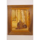 A marquetry inlaid panel depicting an Arab reading a book, 17" x 20"