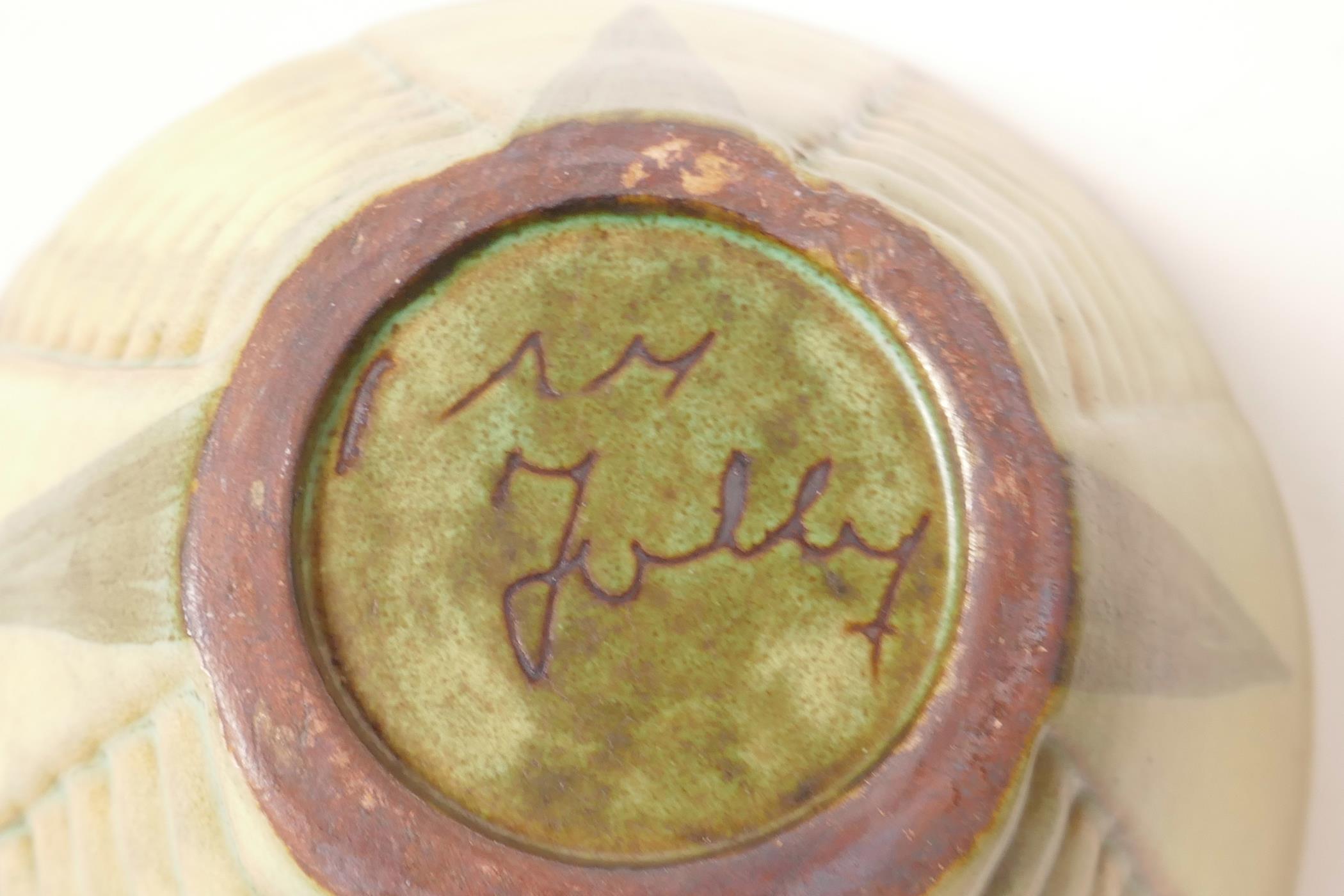 A drip glazed studio pottery bowl, 10½" diameter, signed, together with a smaller ceramic bowl - Image 4 of 5