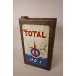 A vintage French metal 20 litre motor oil can for Total Oils, 15" high, 9½" square