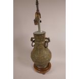 An Oriental bronze vase table lamp, 22" high, A/F