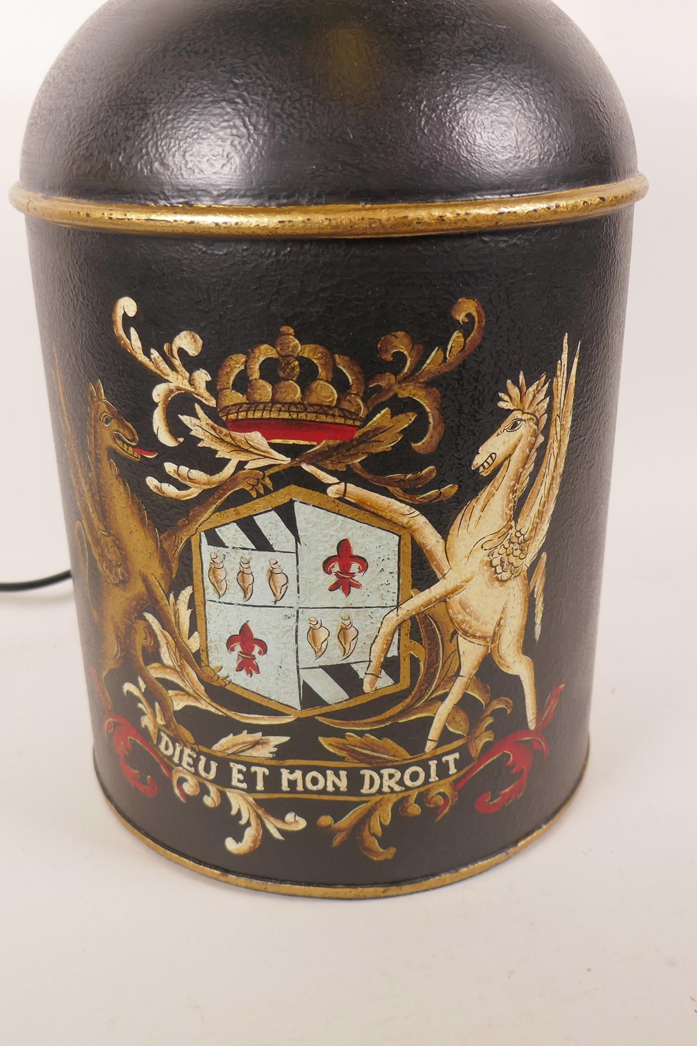 A metal table lamp in the form of a toleware churn and cover painted with a coat of arms, 18" high - Image 3 of 3