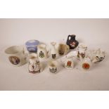 A variety of porcelain items including crested ware, a Wedgwood Jasperware pot and an unusual WW1