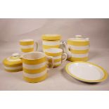 Seven pieces of T.G. Green and Co. Cornish ware, yellow and white, A/F, including a fine teapot