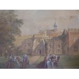 A C19th watercolour, Elizabethan manor house with figures on a lawn, unsigned, 20" x 28"