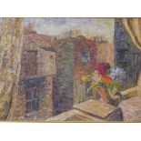 A still life, view from an open window, monogrammed indistinctly, early C20th continental oil on