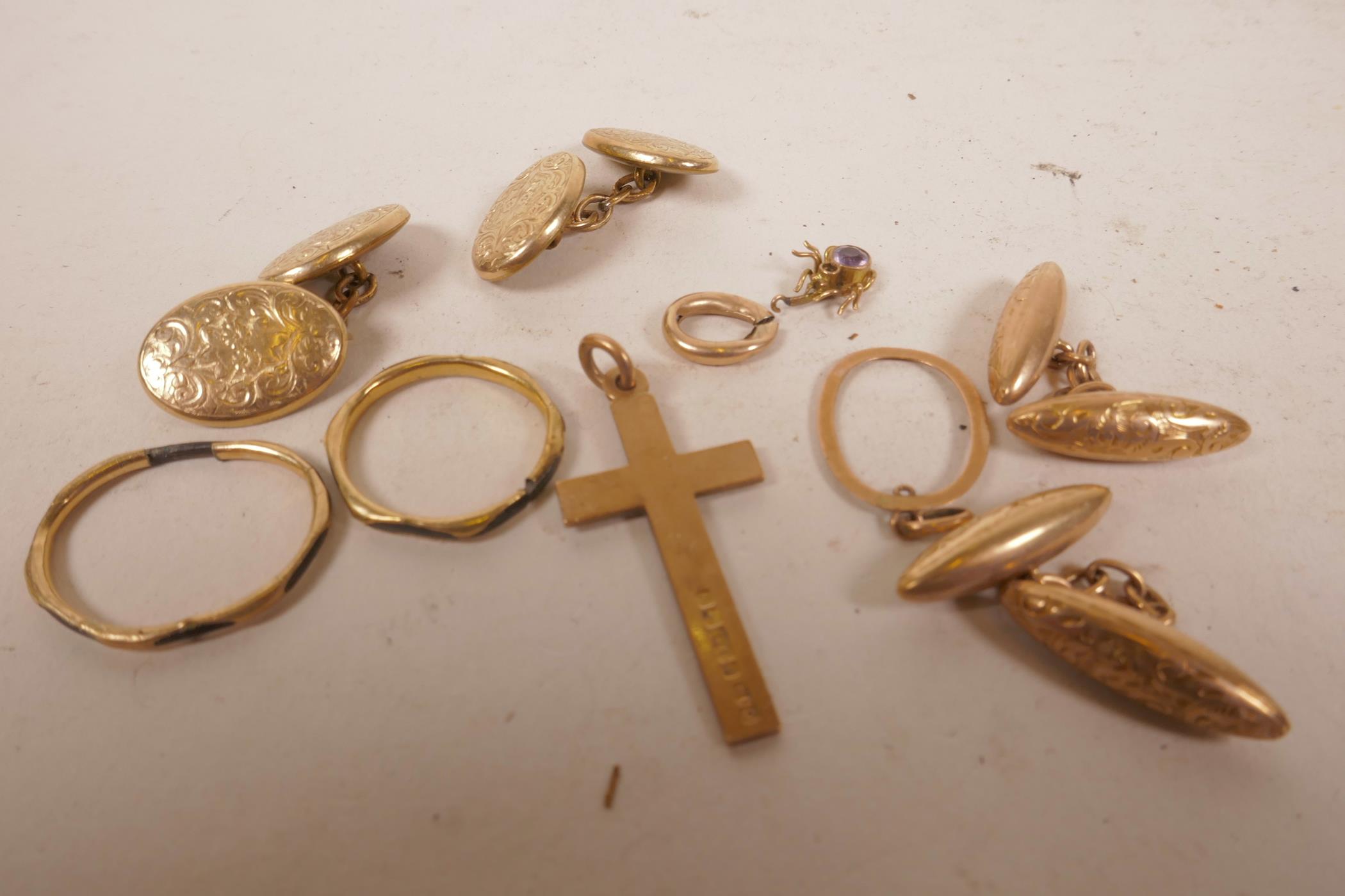 A pair of 9ct gold cufflinks together with a 9ct gold cross etc, 6g, and a pair of rolled gold