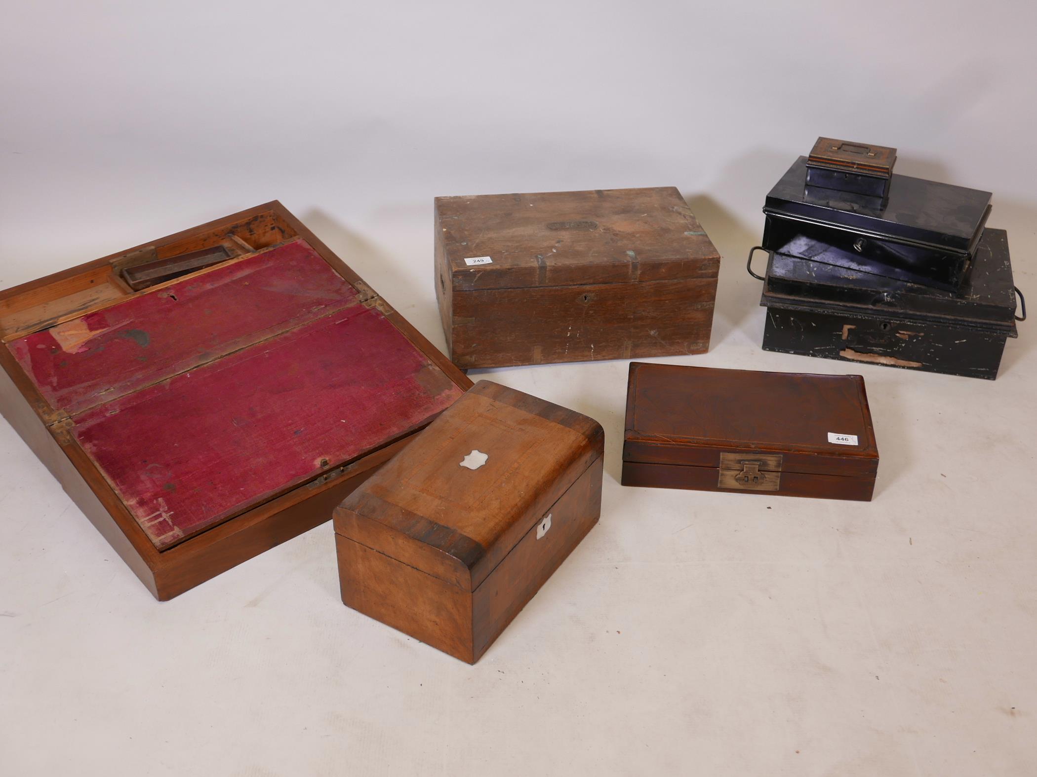 A Victorian mahogany writing slope, 12" x 21" x 8", an inlaid mahogany jewellery box, deed boxes,