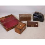 A Victorian mahogany writing slope, 12" x 21" x 8", an inlaid mahogany jewellery box, deed boxes,