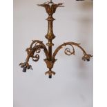 A French brass three branch chandelier with scrolling swag decoration, 18" drop
