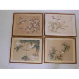 A set of four Chinese watercolours on silk, labelled verso Mee Kwong, picture framers 48