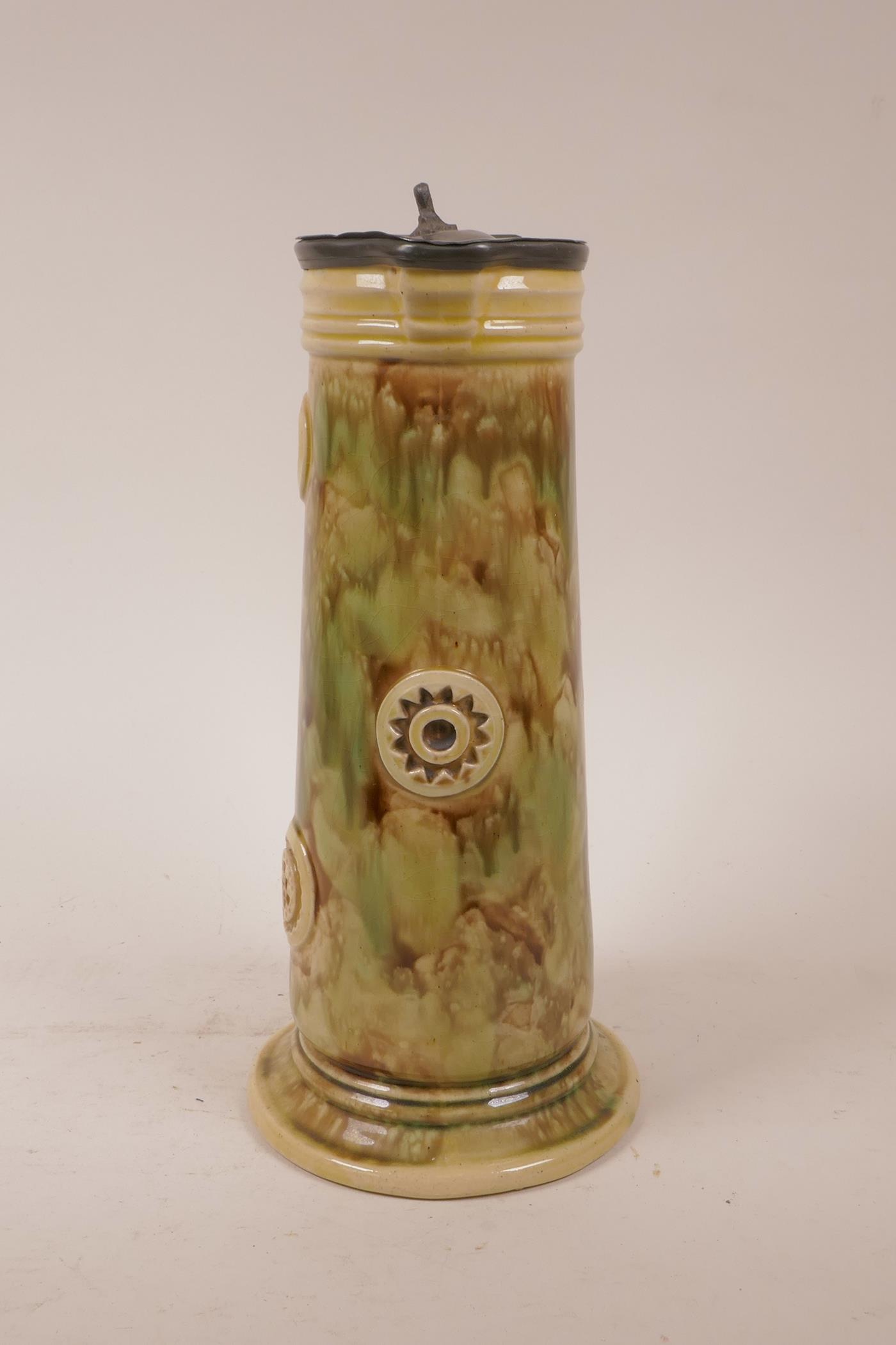 A majolica jug with pewter lid, 11½" high - Image 2 of 6