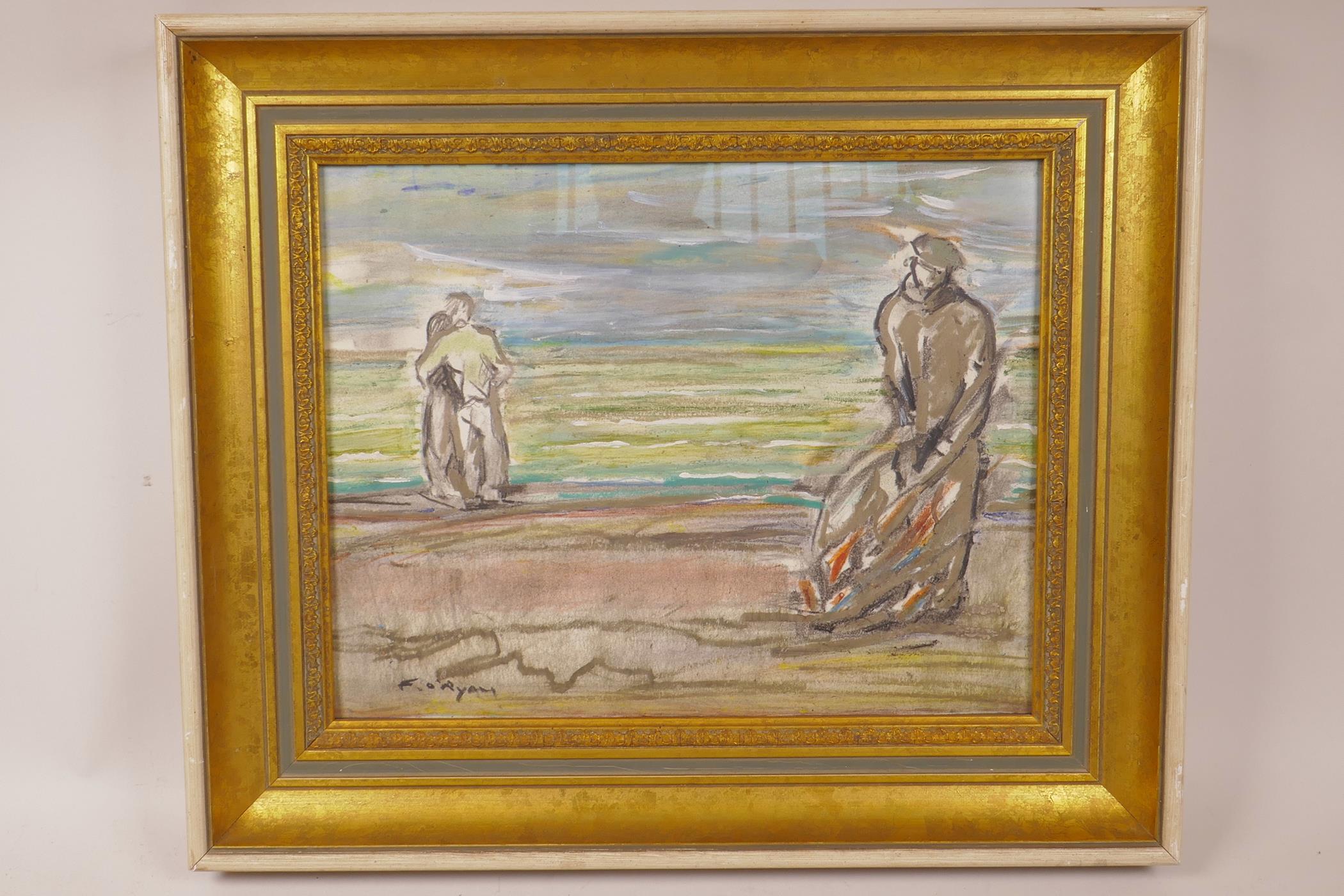 Attributed to Fergus O'Ryan, figures on a beach, signed F. O'Ryan, mixed media, 9½" x 12½" - Image 2 of 4