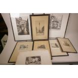 A collection of eight black and white engravings and etchings, largest 14" x 10"
