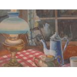 H. Haggard Dasey (American), still life oil lamp by a window, signed and dated (19)50, 17" x 22"