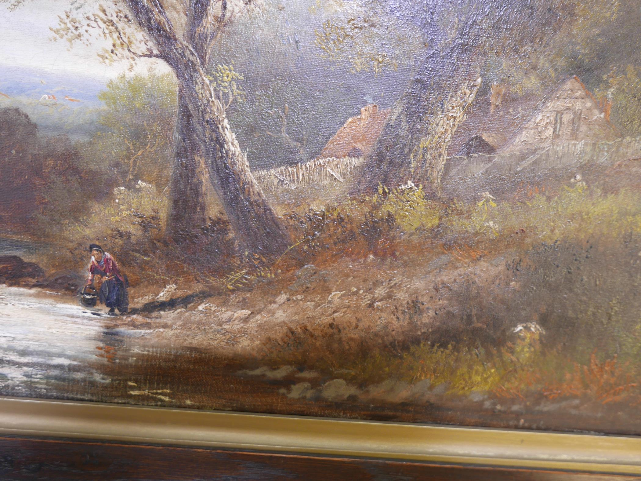 Attributed to E. Horton, landscape with woman by a stream, unsigned, 20" x 30" - Image 4 of 4