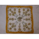 An Hermes Francoise de la Perriere 'Cuiveries' gold equestrian 100% silk scarf, 1960s, signed,