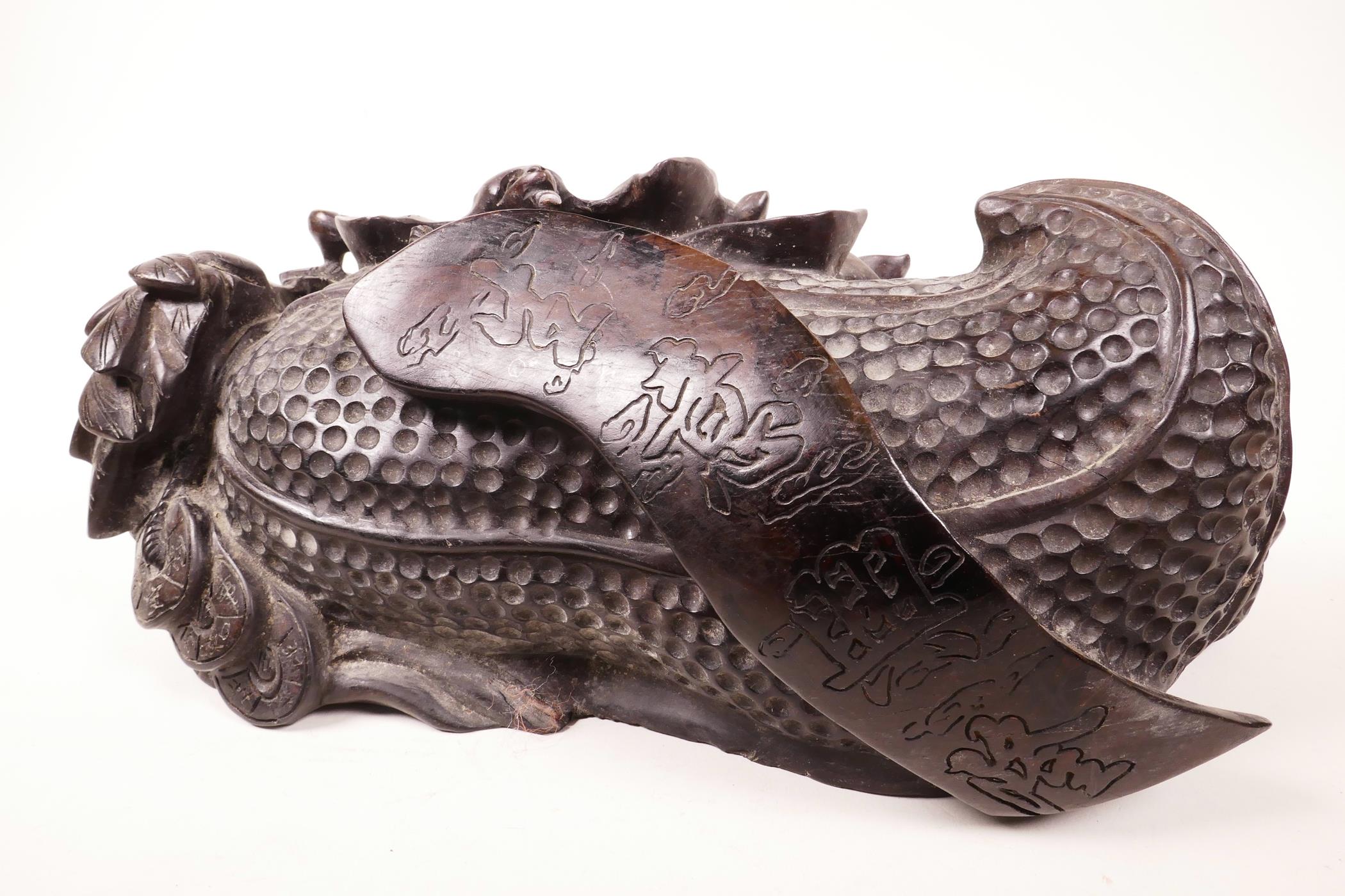 A Chinese hardwood carving of a bat and gourd, 14" long x 8½" wide - Image 4 of 7