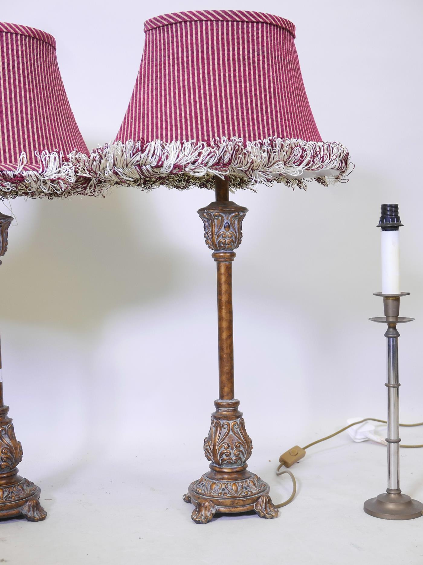 A pair of gilt composition table lamps, 31" with shades, a pair of chrome and brass lamps and bronze - Image 2 of 5