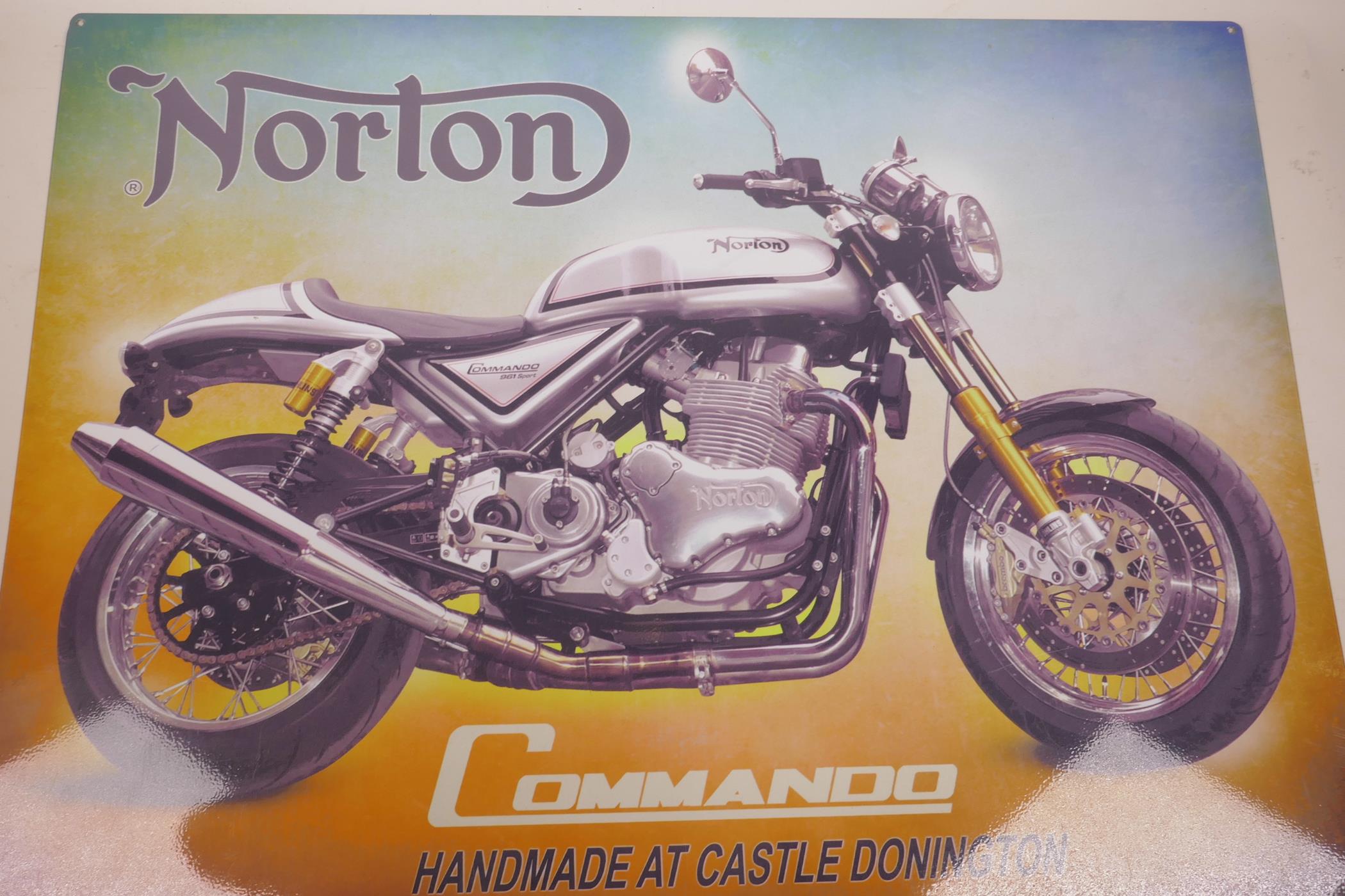 A replica metal advertising sign for Norton Commando Motorcycles, 27½" high x 20"