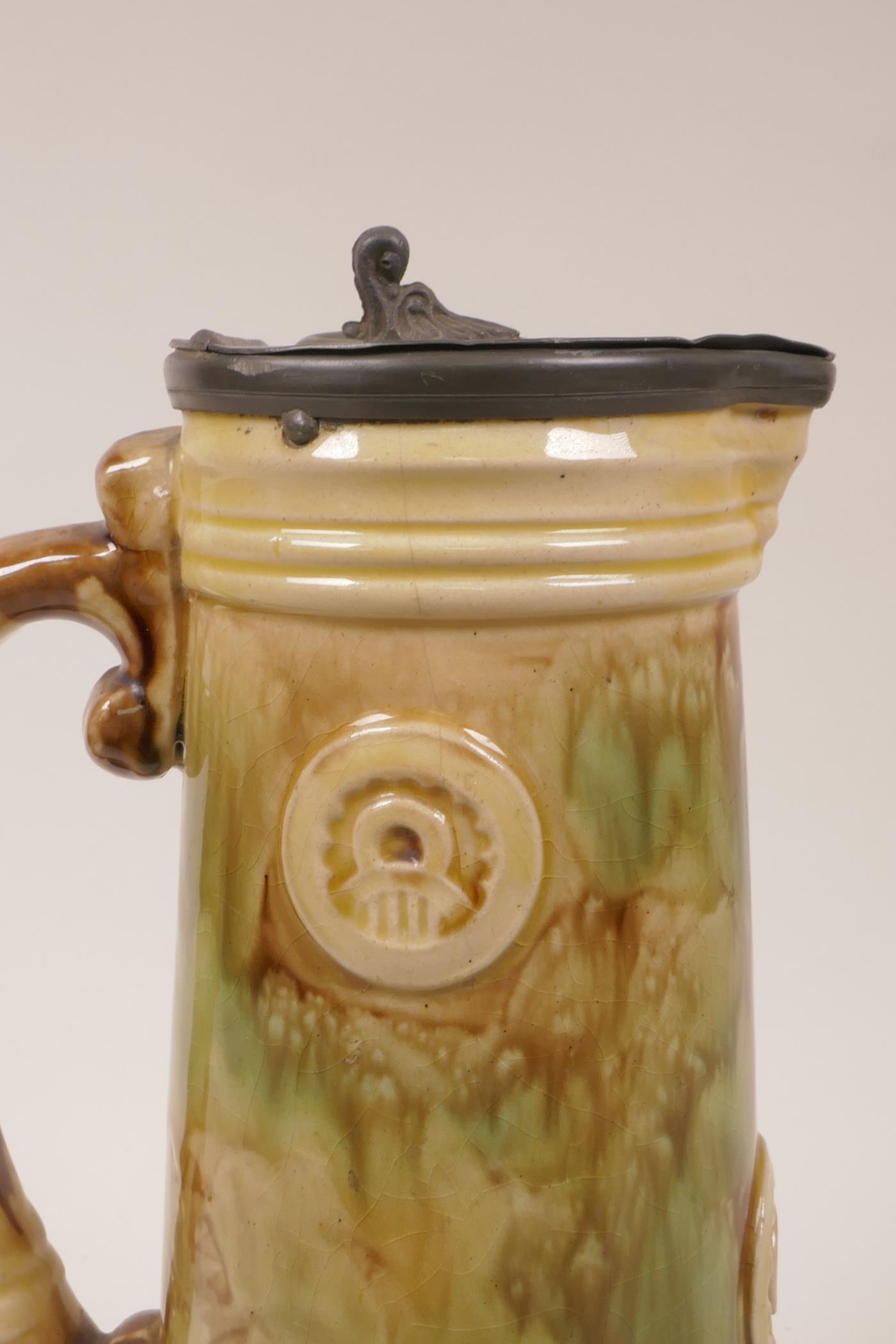 A majolica jug with pewter lid, 11½" high - Image 4 of 6