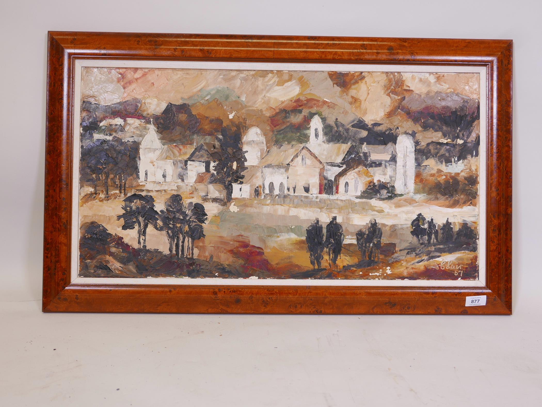 Claire Calkin (?), landscape, signed Clair '67, inscribed verso, oil on canvas, 16" x 30" - Image 2 of 5