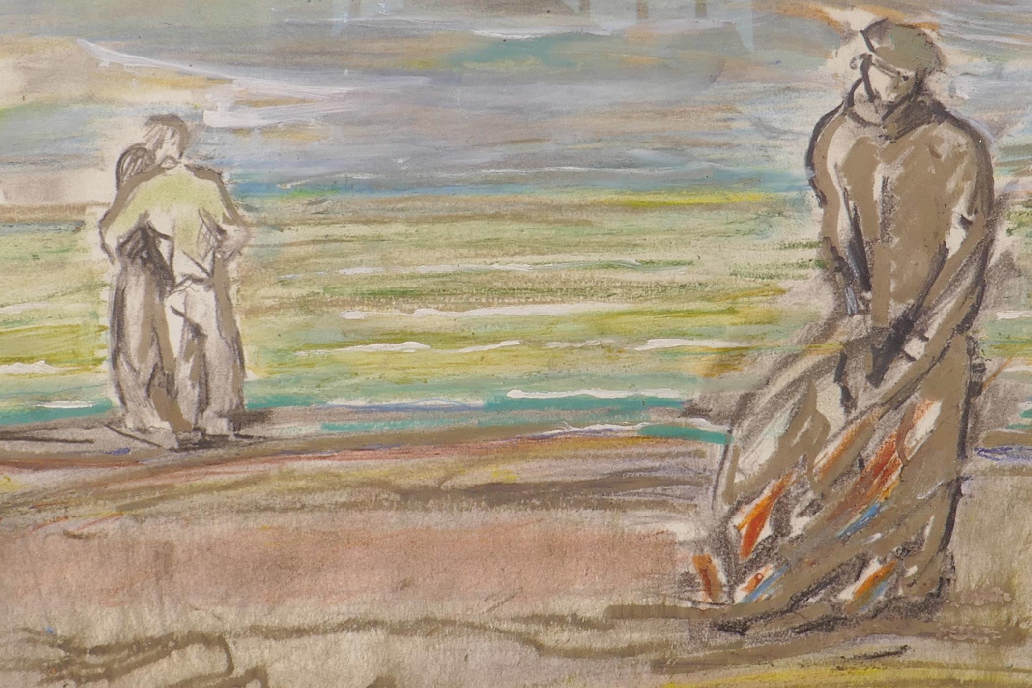 Attributed to Fergus O'Ryan, figures on a beach, signed F. O'Ryan, mixed media, 9½" x 12½"