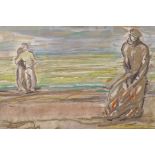 Attributed to Fergus O'Ryan, figures on a beach, signed F. O'Ryan, mixed media, 9½" x 12½"