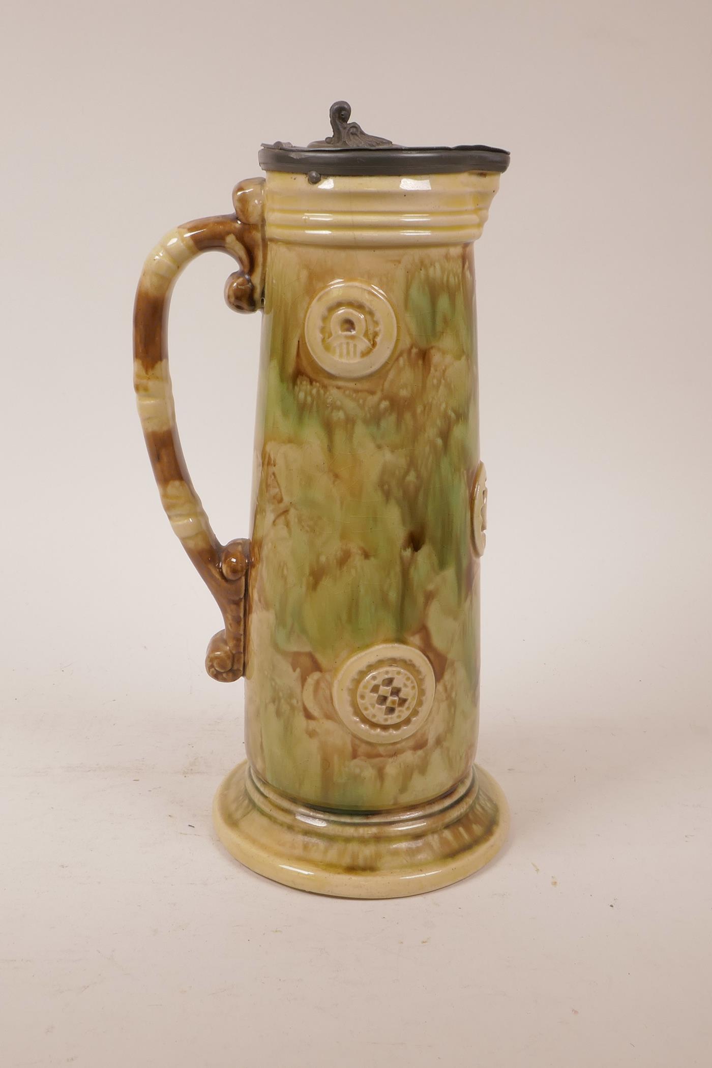 A majolica jug with pewter lid, 11½" high - Image 3 of 6