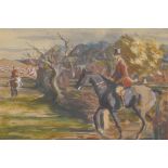 Frederic Whiting, horsemen in a landscape, signed, watercolour heightened with bodycolour, 7" x 9"