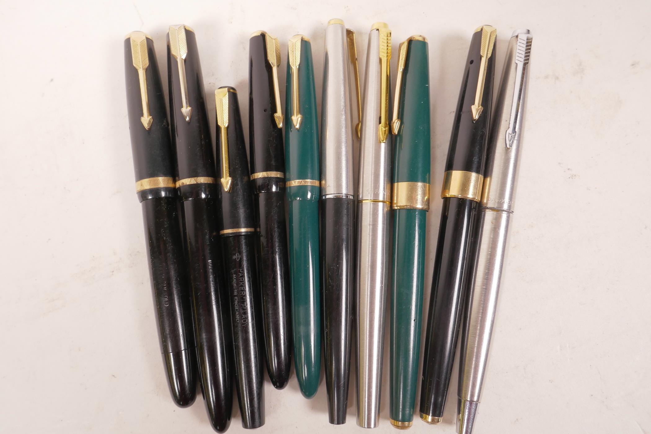 A collection of ten vintage Parker fountain pens, A/F