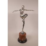 After J. Philippe, a French silvered bronze figure of an Art Deco style dancer, mounted on a rouge