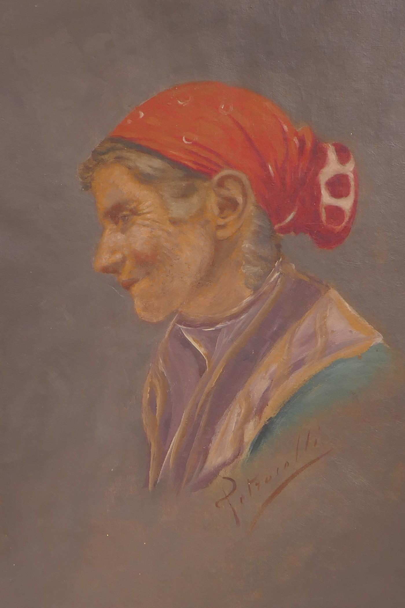 A pair of Italian portraits of a peasant lady and gentleman, both signed 'Petrocelli', oils on - Image 4 of 6